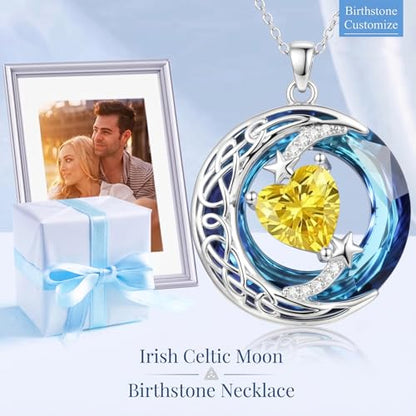 Birthstone Necklace for Women Crystal Moon and Star Pendant White Gold Celtic Moon Jewelry Birthday Graduation Gifts for Wife Her - style: Moon-11