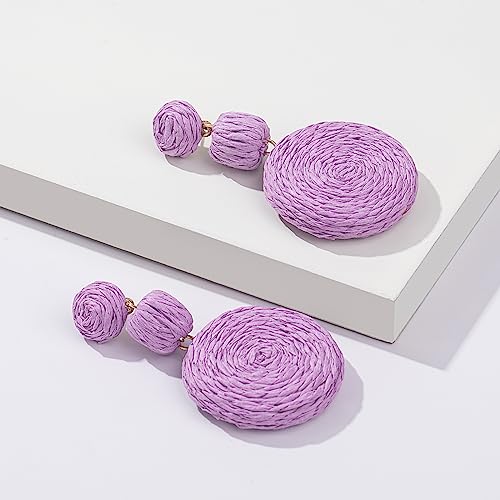 Statement Raffia Boho Round Dangle Ball Earrings - Cute Handmade Summer Bohemian Dangling Jewelry for Women - color: Purple