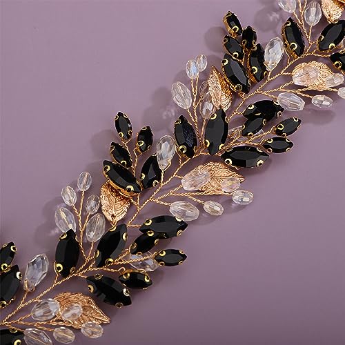 Kercisbeauty Gold Leaves Black Crystal Beads Headpiece for Women Wedding Bridal Hair Bands Boho Handmade Headband Prom (Gold) - color: Gold