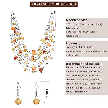 Multi-Layer Boho Shell Beaded Necklace for Women Colorful Crystal Strand with Silver Beads Statement Collars Necklace and Earrings Costumes Jewelry Sets for Women - color: 48-Agate red