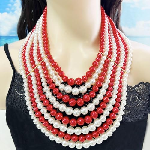 Multilayer Strand Chain Faux Pearls Flapper Beads Cluster Long Choker Necklace - color: Red Necklace