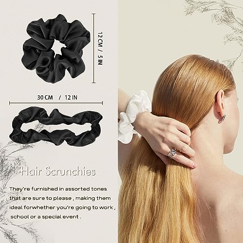 4 PCS Large Silk Satin Scrunchies for Women White Thick Hair Big Scrunchie | Black White Silver Champagne / Stretched 10" Length / No Damage / Gift Box /Diameter: 5 inches / All Hairstyles - color: Black White Silver Champagne, size: 1 Count (Pack of 4)