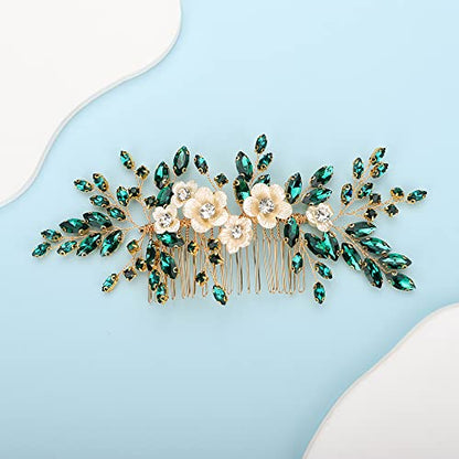 Bridal White Flower Green Crystal Rhinestone Hair Comb for Bride Bridesmaid Sliding side Headpieces Wedding Hair Accessories for Women and Girls (Green) - color: Green
