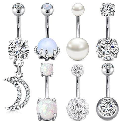 Silver Gold Belly Button Ring for Women Clicker Hoop Belly Rings Opal Navel Piercing Jewelry Dangle Hypoallergenic Surgical Steel Dainty Dangling Navel Rings for Women - color: H1-7pcs -silver