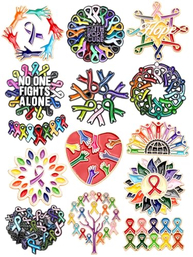 JUNEBRUSHS 28pcs Cancer Awareness Pins Ribbon Lapel Pins for Cancer Fighters Survivors Inspirational Favor Charity Campaign Decor Accessories - style: Cancer Awareness Style