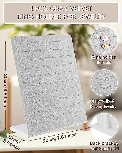 4 Pcs Velvet Ring Display 50 Slots L-Shaped Ring Display Stand Tray Holder for Selling Earring Jewelry - color: Grey