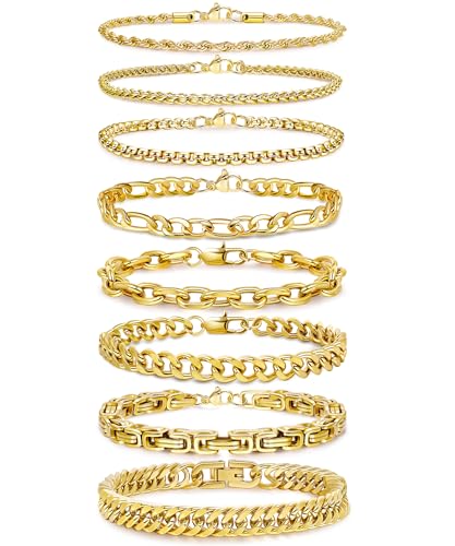 8Pcs Stainless Steel Bracelets for Men Women Sturdy Cuban Link Bracelet Curb Rope Figaro Paperclip Chain Bracelets Set Jewelry Gifts for Men, 6.9/7.5/8.3/9 Inches - color: Gold