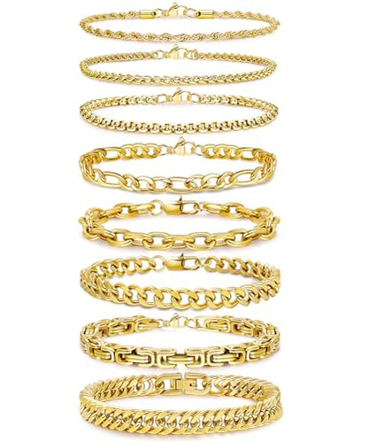 8Pcs Stainless Steel Bracelets for Men Women Sturdy Cuban Link Bracelet Curb Rope Figaro Paperclip Chain Bracelets Set Jewelry Gifts for Men, 6.9/7.5/8.3/9 Inches - color: Gold
