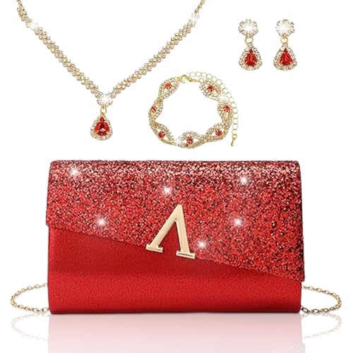 YYW 4 Pieces Women Evening Handbags Clutch Purse Bag with Rhinestone Crystal Jewelry Set for Wedding Party - color: red 2
