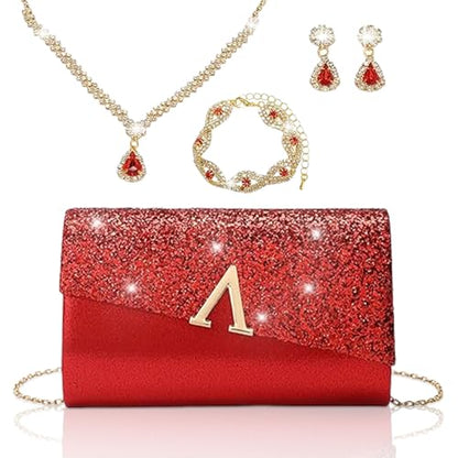 YYW 4 Pieces Women Evening Handbags Clutch Purse Bag with Rhinestone Crystal Jewelry Set for Wedding Party - color: red 2