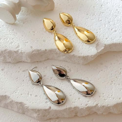 Large Geometric Drop Dangle Earrings for Women Pearl Teardrop Disc Rectangle Oval Fishtail Shell Shaped Textured Dangle Studs Earrings for Women - color: Gold-Polished