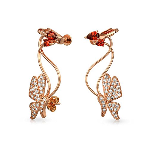 Red Pink Cubic Zirconia Garden Insect 3D Butterfly Helix Ear Pin Climber Crawler Cartilage Lobe Earrings For Women Pave CZ Rose Gold Plated