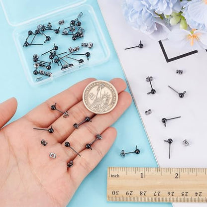 UNICRAFTALE About 30Pcs 304 Stainless Steel Stud Earring Findings Gunmetal Ball Post Stud Earrings with Ear Nuts and Loop Earring Findings Earrings Component for DIY Jewellery Making - color: Gunmetal