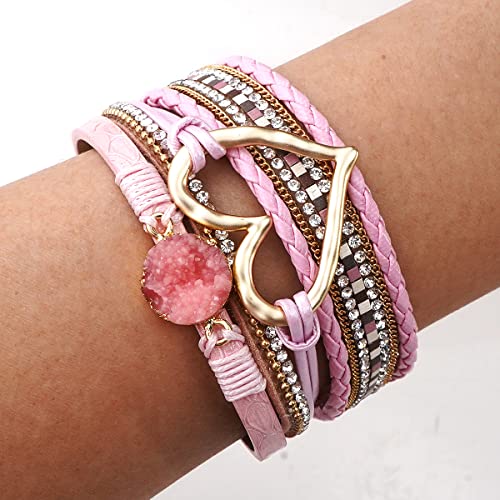 Suyi Multilayer Leather Wrap Bracelet Heart-Shape Wide Bracelets for Women - color: Pink