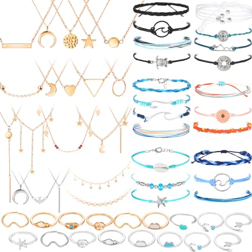 Batiyeer 60 Pcs Boho Surfer Wave Bracelet and Necklace Set for Women, Summer Beach Y2k Layered Choker Anklets Knuckle Rings - style: 60 Pcs