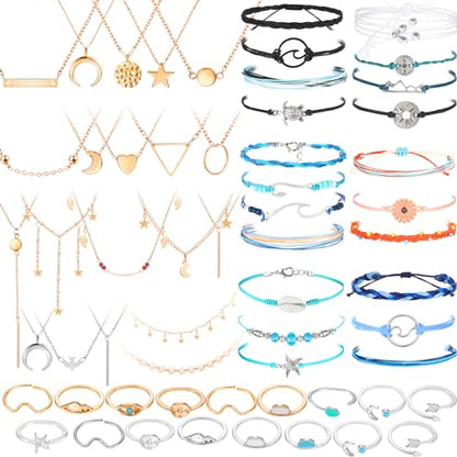 Batiyeer 60 Pcs Boho Surfer Wave Bracelet and Necklace Set for Women, Summer Beach Y2k Layered Choker Anklets Knuckle Rings - style: 60 Pcs