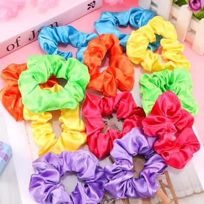 KICOSY 12 Pack Neon Scrunchies in 6 Colors - Satin Soft Hair Ties, Ideal for 80s/90s Looks, Glow Party & Daily Style - color: neon