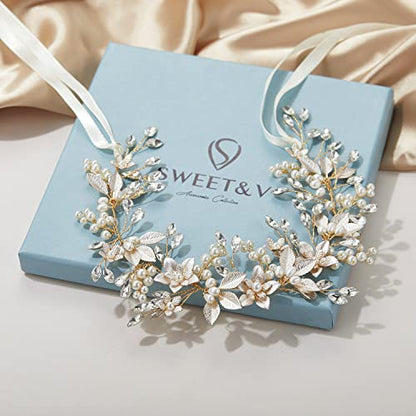 SWEETV Handmade Rhinestone Wedding Headband Flower-Leaf Bridal Headpieces for Wedding Pearl Hair Accessories (Gold) - color: Gold