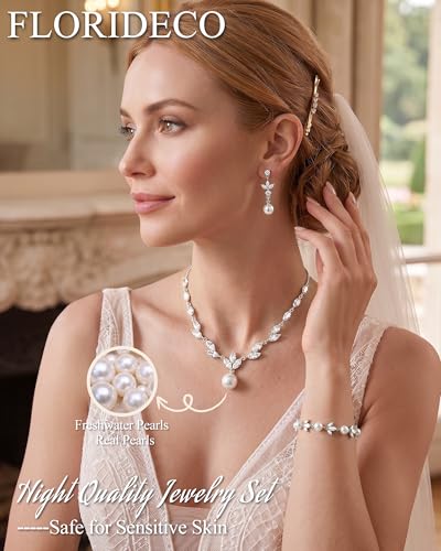 3Pcs 14K Gold Plated Pearl Bridal Jewelry Set for Women | Pearl necklace, drop earrings and bracelet set with cubic zirconia for bride bridesmaid wedding prom and party accessories - color: Silver Plated-CZ Leaf-Pearl