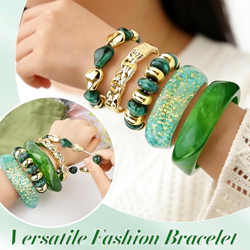 Acrylic Resin Bangle Bracelets for Women | Chunky Boho Stackable Geometric & Marbled Statement Jewelry | Lightweight Everyday Gift Set - color: Green