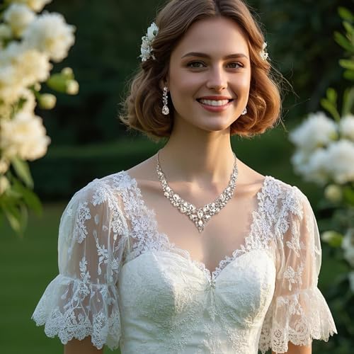 Women's Wedding Statement Necklace Dangle Earring Jewelry | Austrian Crystal Teardrop Cluster,Necklaces Earrings Set for Bride Bridesmaid,Prom Accessories - color: 10-Clear Rhodium-Tone