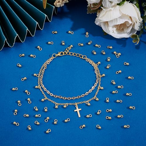 UNICRAFTALE about 100Pcs 18K Gold Plated Small Ball Charms Stainless Steel Round Pendants Metal Dangle Ball Charms for DIY Necklace Bracelet Jewelry Making - size: 3mm Diameter