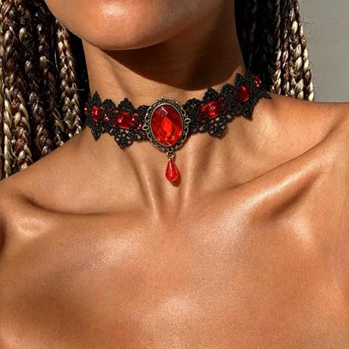 Black Necklaces for Women,Adjustable Layered Collar,Goth Jewelry - color: Red Gem
