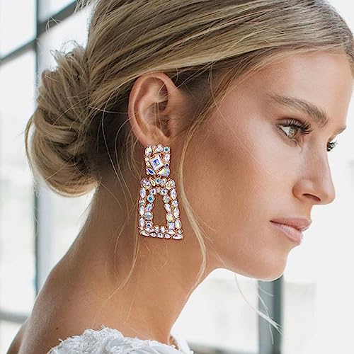 Flyonce Rectangle Clip-on Drop Earrings for Women, Sparkly Rhinestone Crystal Geometric Statement Non Pierced Earring Wedding Prom Party Jewelry for Brides Bridesmaid - color: Iridescent Clear AB Gold-Tone