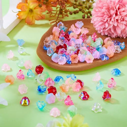 100Pcs Sparkle Glass Flower Beads Caps for Jewelry Making Cute Bell Flower Glass Beads Bulk Crystal Fishing Bead for Wind Chimes Handmade Earring Crafts Supplies - color: Colorful