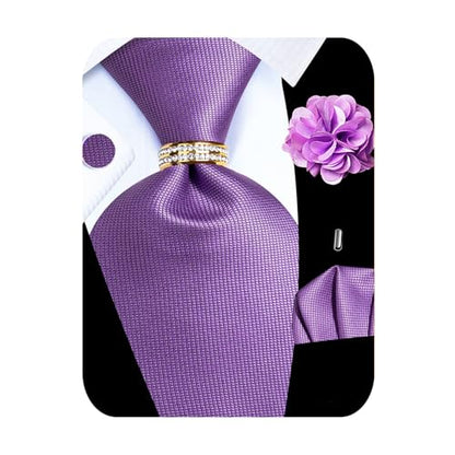 5PCS Mens Silk Tie, Pocket Square, Cufflinks, Drilled Tie Ring and Lapel Pin Set for Wedding Groom Party - color: Solid Purple Tie Set -74+11