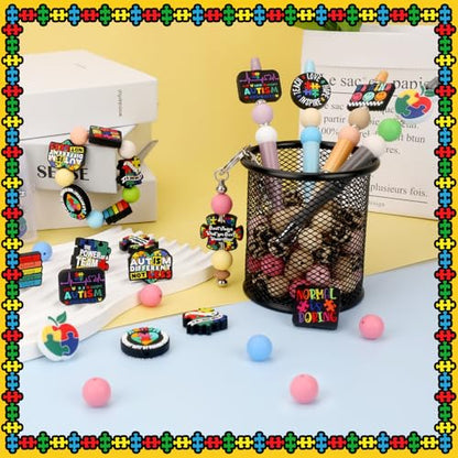 12pcs Autism Silicone Focal Beads for Pens | Focal Beads for Keychain Making,Pens,Bracelet,Necklace Crafts,Bulk Silicone Beads for DIY（Autism） - color: Autism