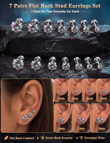 Fansilver 20G Hypoallergenic Flat Back Earrings for Women Men Silver 14K Gold Stainless Steel Stud Earrings Birthstone Cubic Zirconia Studs Surgical Steel Cartilage Earrings for Sensitive Ears - color: Black