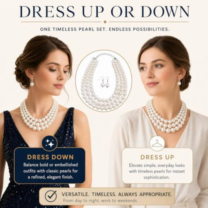 Simulated Pearl Necklace & Earring Set, Multi Strand - color: Cream