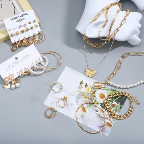 NEWITIN 61 Pieces Rose Gold Jewelry Set for Women Fashion Costume Jewelry | Bohemian Jewelry, Inlaid Cubic Zirconia, Gold Plated Necklace Bracelets Rings Earrings Set for Women Party Daily, Women Gifts - color: Gold