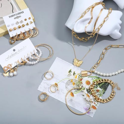 NEWITIN 61 Pieces Rose Gold Jewelry Set for Women Fashion Costume Jewelry | Bohemian Jewelry, Inlaid Cubic Zirconia, Gold Plated Necklace Bracelets Rings Earrings Set for Women Party Daily, Women Gifts - color: Gold