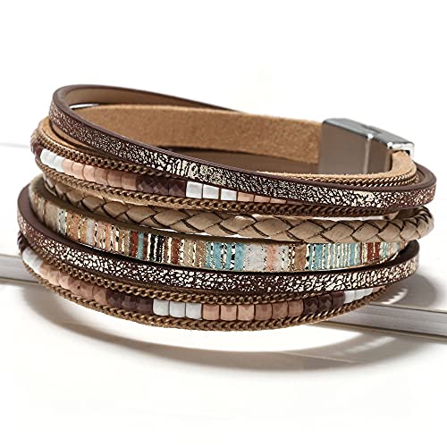 Fesciory Leather Wrap Bracelets for Women, Boho Western Layered Jewelry | Layered leather cuff bracelets, Easy on and off, Boho western style, Daily wear, Gift for women - color: Brown 1