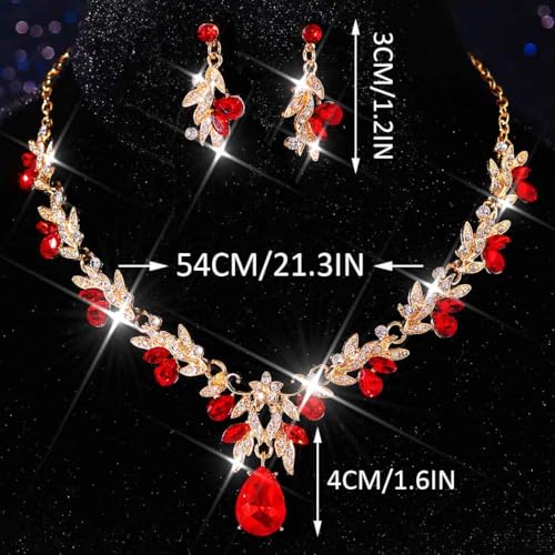 Rhinestone Bridal Wedding Jewelry Sets Gold Necklace Earrings Set Leaf Prom Formal Costume Jewelry Set for Women and Brides - color: Red