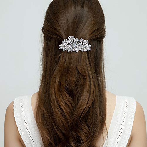 EVER FAITH Austrian Crystal Bridal Hibiscus Cream Simulated Pearl Hair Clip Barrette Clear Silver-Tone - color: Clear