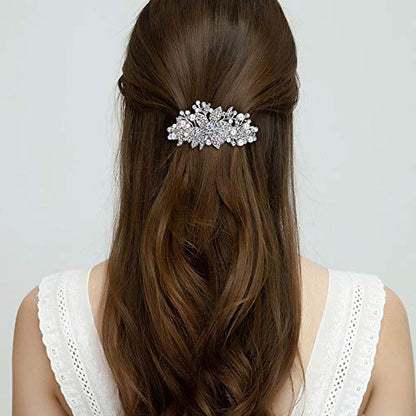 EVER FAITH Austrian Crystal Bridal Hibiscus Cream Simulated Pearl Hair Clip Barrette Clear Silver-Tone - color: Clear