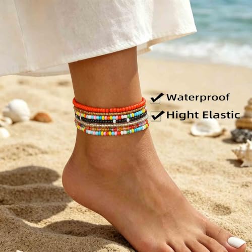 Yalice 7Pcs Beaded Ankle Bracelets for Women Dainty Layering Anklets Set Boho Waterproof Ankle Jewelry for Summer Beach