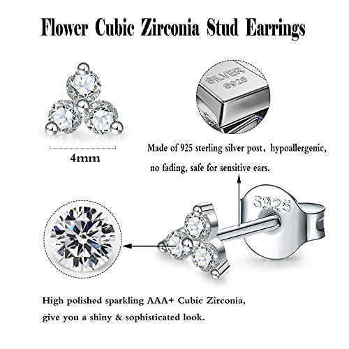 Sterling Silver Stud Earrings for Women Men, 1 Pair Flower Cubic Zirconia Stud Earrings | Small Cartilage CZ Hypoallergenic Tragus Piercing Earrings for Teens 4mm