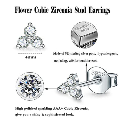 Sterling Silver Stud Earrings for Women Men, 1 Pair Flower Cubic Zirconia Stud Earrings | Small Cartilage CZ Hypoallergenic Tragus Piercing Earrings for Teens 4mm
