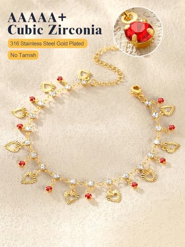 U7 Ankle Bracelets for Women Stainless Steel Waterproof Tarnish Resistant | 18K Gold Plated/Silver/Rose Gold Anklets, Cuban Chain Anklet Bracelets, Perfect for Summer Beach and Vacation Outfits - color: Gold Plated-Red-Heart Charm