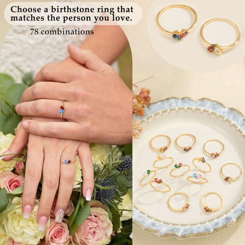 Mothers Day Gifts Gold Heart Birthstone Rings for Women Non Tarnish Stackable Pinky Ring Dainty 14K Gold Plated CZ Gemstone Ring Wedding Promise Ring Birthday Jewelry Gift for Mom - color: 01-07.january(garnet)-july(ruby)
