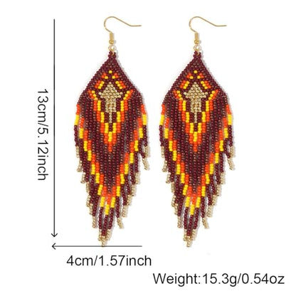 Bohemian Tassel Colorful Beaded Earrings For Women Trendy, Long Fringe Feather Drop Jewelry Handmade Gifts. - color: color3