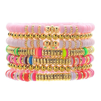 Friendship Bracelets for Women - Heishi Surfer Colorful Smile Evil Eye Clay Beaded Stretch Bracelets Elastic Layering - Stackable Boho Disc Y2K Aesthetic Summer Jewelry Set. - color: HEISHI-7PC PINK