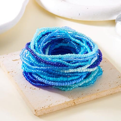16-30Pcs Handmade Bohemian Colorful Crystal Seed Beads Stackable Adjustable Elastic Stretch Multilayerd Bracelets for Women Summer Vacation Beach Boho Bangle Jewelry - color: blue