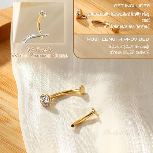 Upgraded Wearability Floating Belly Button Ring, G23 Titanium Internally Threaded Belly Button Piercing 14G, Curved Barbell Belly Rings, Pink Clear CZ Navel Rings with 10mm and 12mm Bar, Silver Gold Plated - color: Gold,Clear CZ