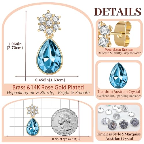 Elegant Austrian Crystal Teardrop Dangle Earrings for Women,14K Gold Plated Flower Drop Earrings Jewelry Gift for Birthday Wedding Anniversary - color: Aquamarine