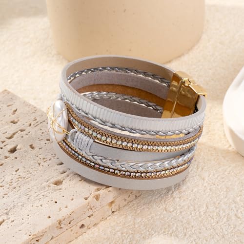 Wrapped Bracelets for Women,Leather Boho Bracelets for Women - color: Shell-Silver